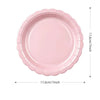 A pink scalloped paper plate with a 17.6cm diameter and 17.6cm height.