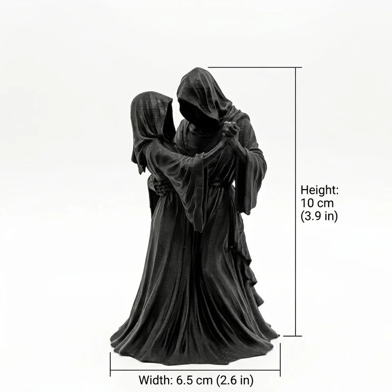 A dark romantic sculpture of a Gothic Grim Reaper couple embracing, shown in profile.