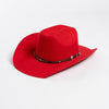 A bright red classic wool cowboy hat with a studded leather band.