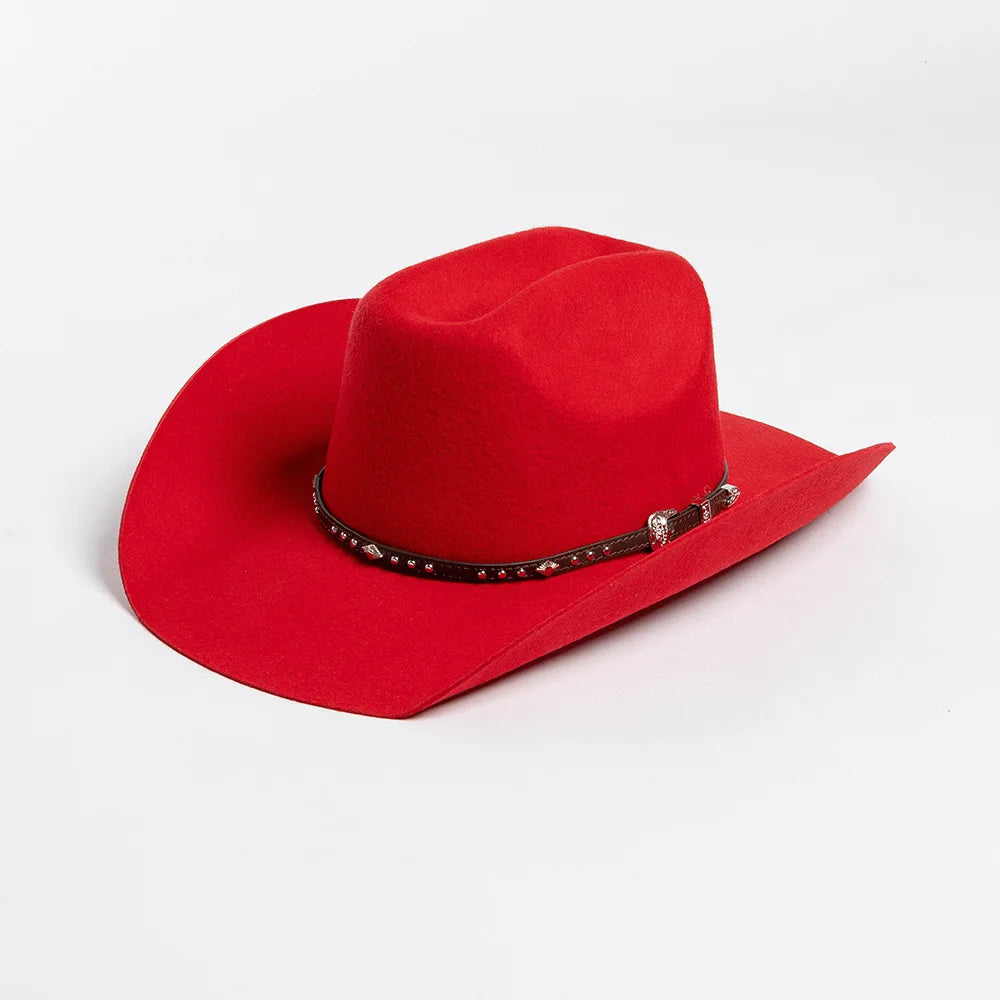 A bright red classic wool cowboy hat with a studded leather band.