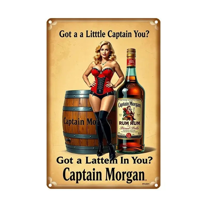 A vintage beer metal tin sign featuring a woman dressed as Captain Morgan with a bottle of rum.