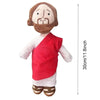 A plush doll depicting Jesus and the Virgin Mary with brown hair and beards, dressed in red and white clothing.