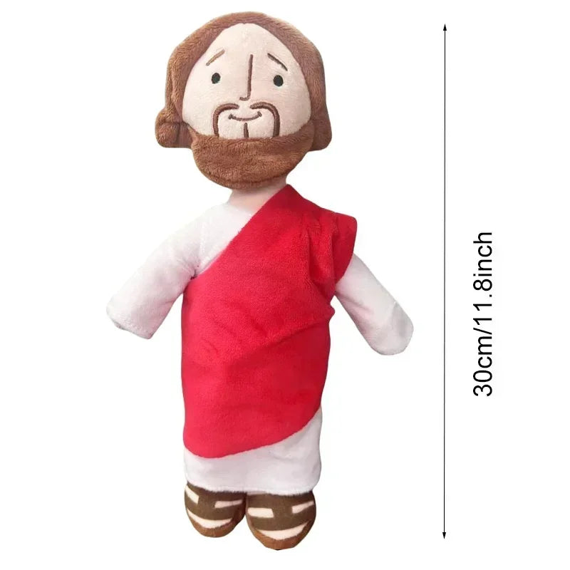 A plush doll depicting Jesus and the Virgin Mary with brown hair and beards, dressed in red and white clothing.