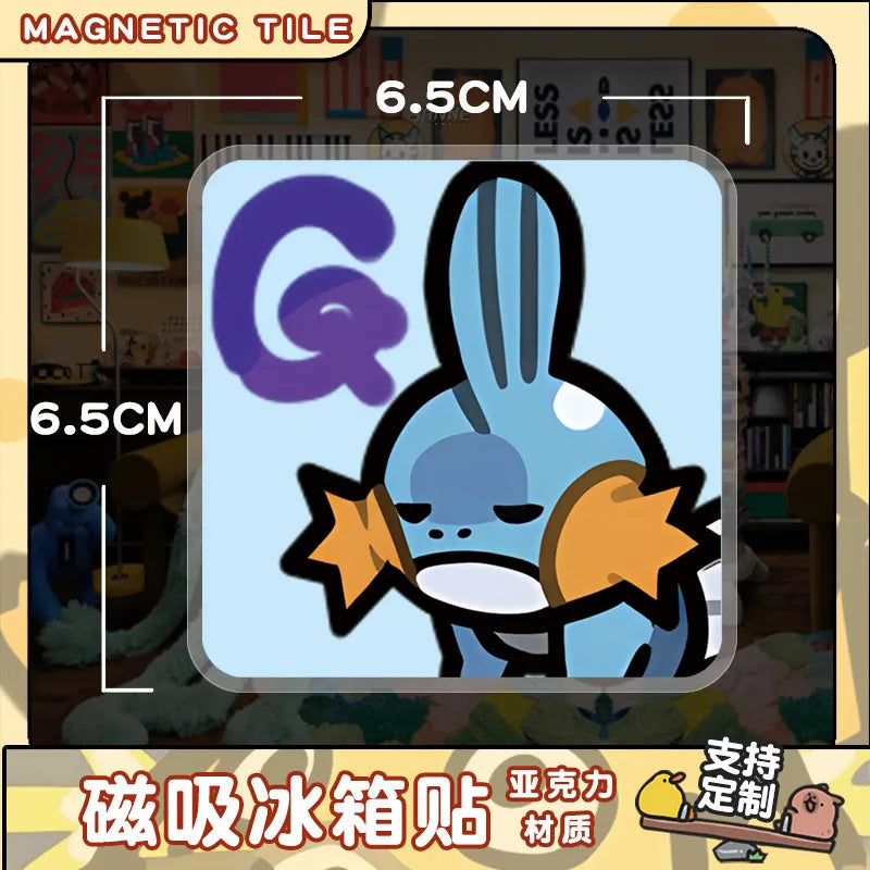 A glossy blue acrylic fridge magnet shaped like a Pokémon with large ears and an angry expression.