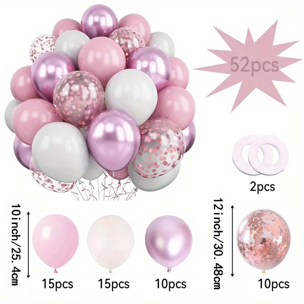 A set of pink and white balloons for celebrations, including various sizes and quantities.