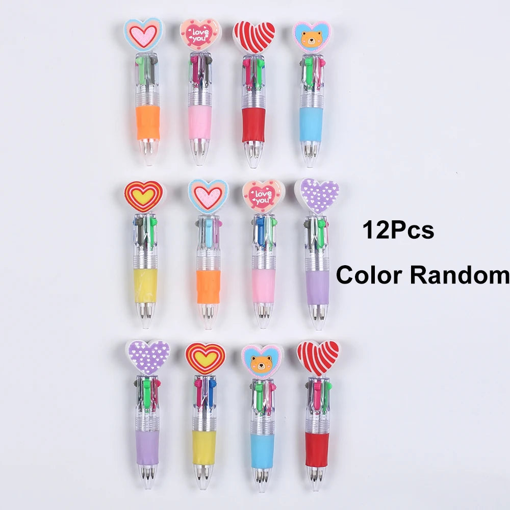 A collection of 12 heart-shaped multicolor ballpoint pens in various colors and designs.