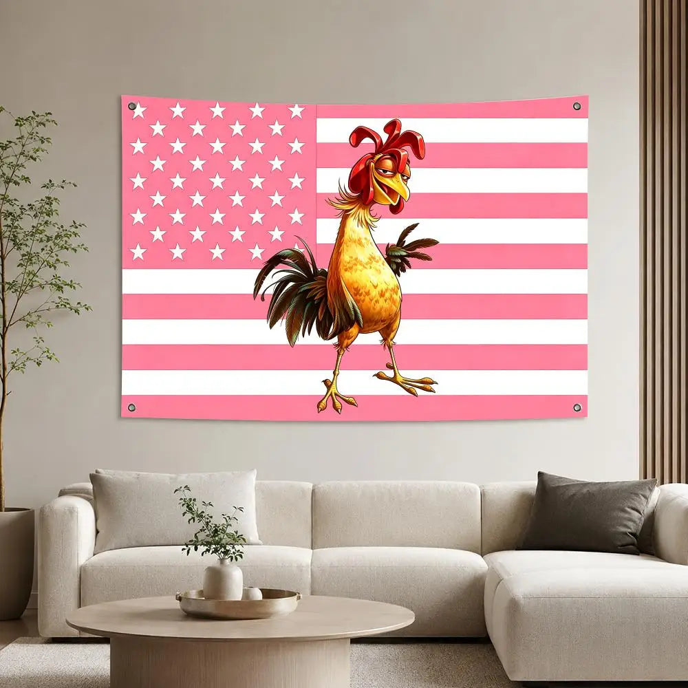 A vibrant tapestry featuring a patriotic American flag design with a rooster in the center.