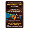A dark wooden sign with humorous text about no soliciting and various demands for services