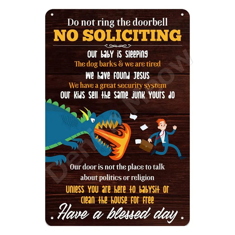 A dark wooden sign with humorous text about no soliciting and various demands for services