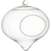 Clear glass hanging planter vase with a rounded body and a pointed bottom.