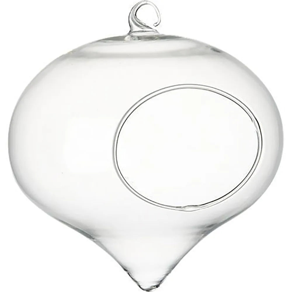 Clear glass hanging planter vase with a rounded body and a pointed bottom.