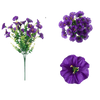 A cluster of purple artificial silk flowers on a stem and individual open blooms.