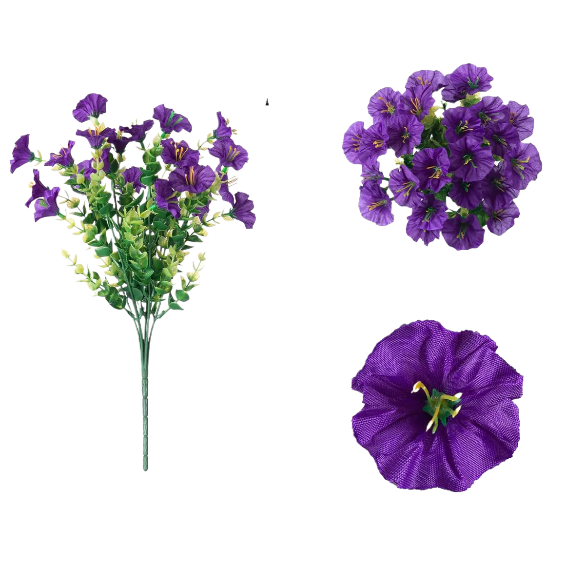 A cluster of purple artificial silk flowers on a stem and individual open blooms.