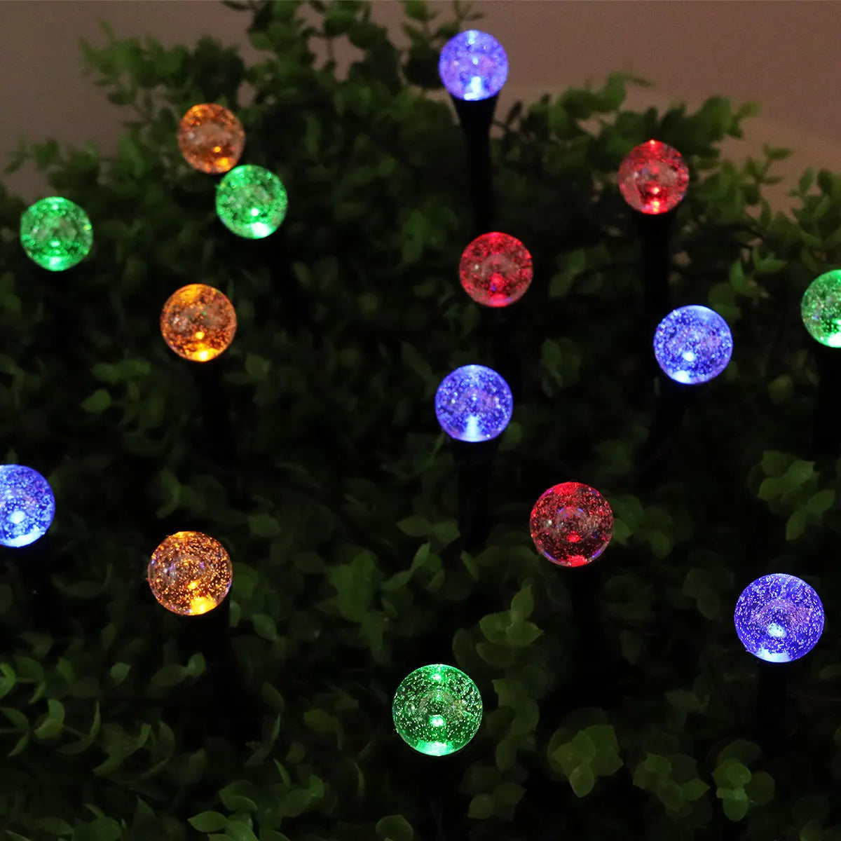 A cluster of green foliage illuminated by glowing, colorful LED bubble lights.