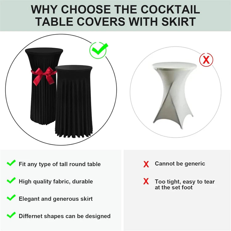 Comparison showing a cocktail table cover with a skirt versus a generic tablecloth.