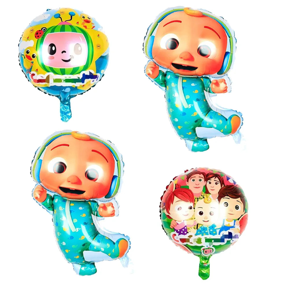 A set of four foil balloons featuring characters from Cocomelon, including a watermelon theme.