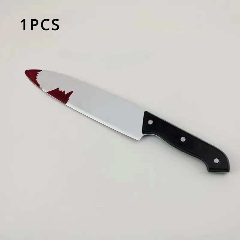 A realistic bloody knife prop with a white blade and red blood stain on the edge, shown against a white background.