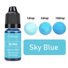 A bottle of Sky Blue liquid colorant with dropper tips showing 1, 5, and 10 drops of the blue pigment.