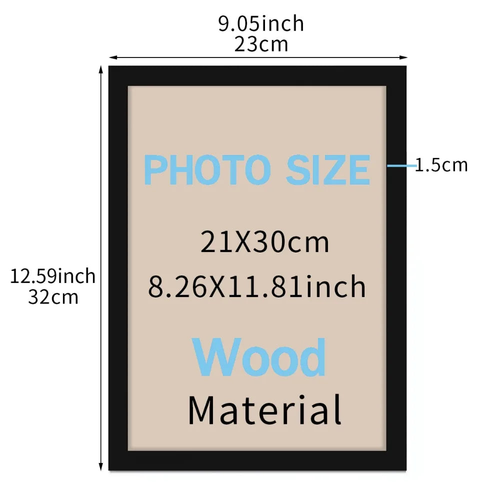 A rectangular wooden photo frame with a black border and light beige background, measuring 9.05 inches by 1.5 cm.