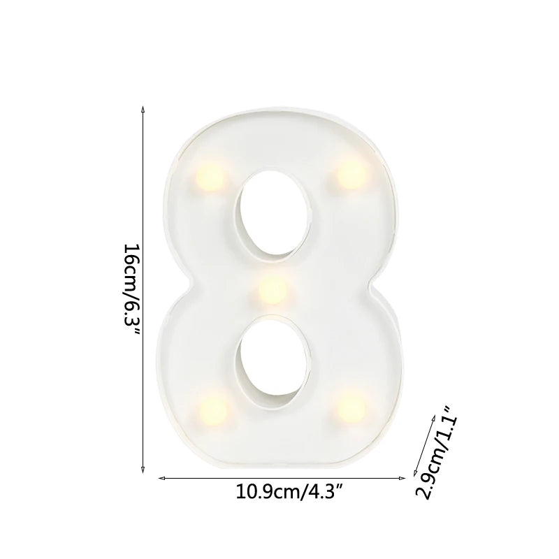 A white alphabet letter light shaped like the number eight with glowing warm white LEDs