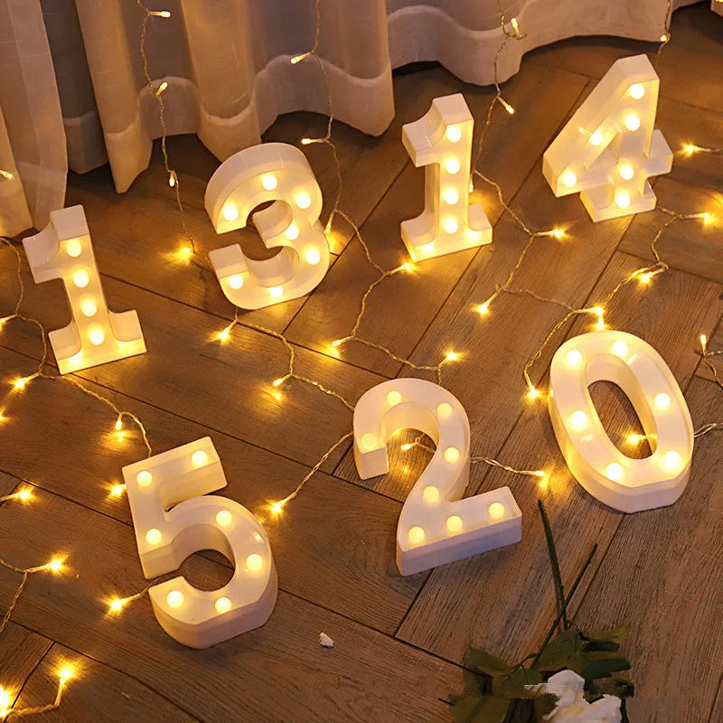 Warm white LED alphabet letter lights spelling out the number 1314520 on a wooden floor.
