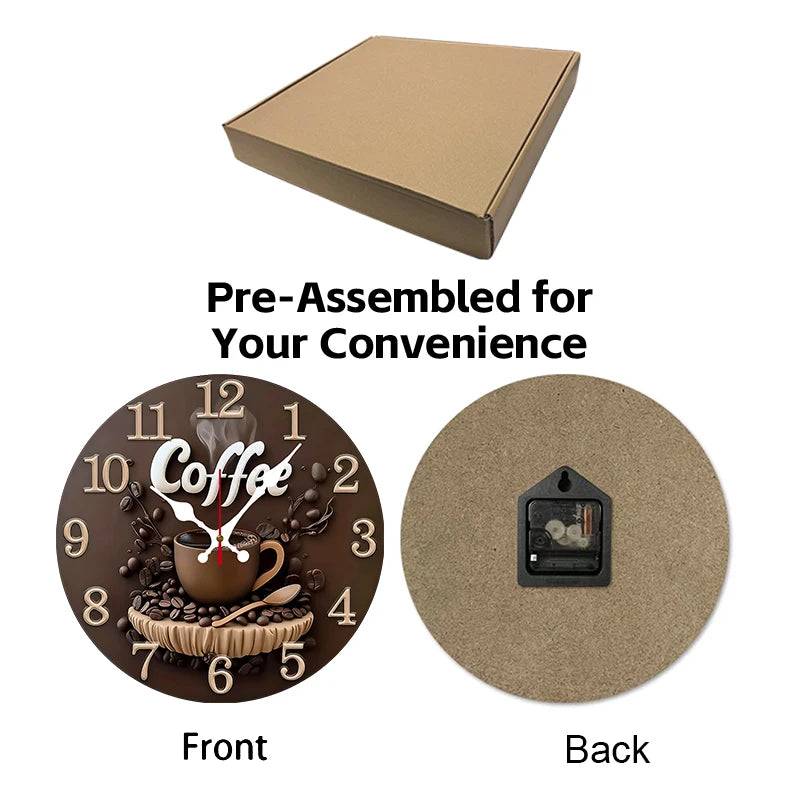 Front and back views of a pre-assembled coffee themed wooden silent wall clock.