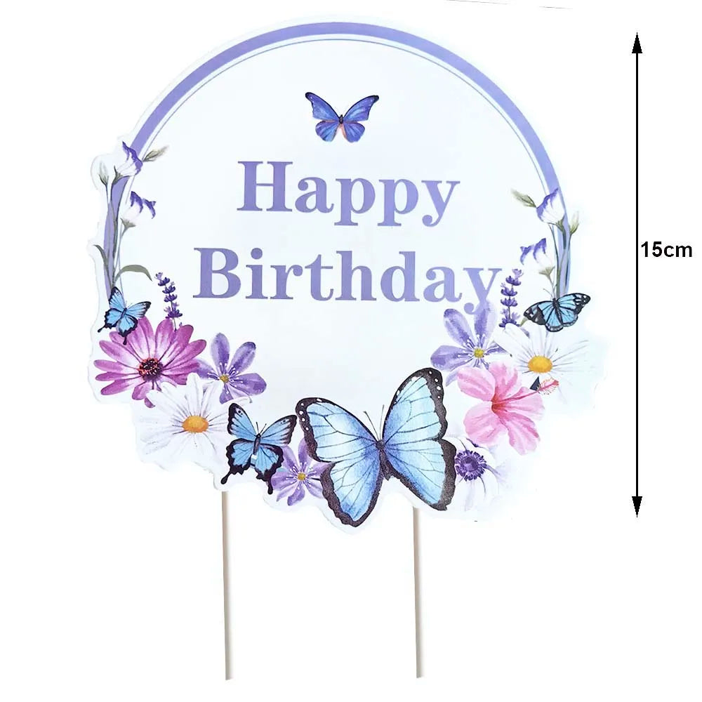A circular birthday sign featuring butterflies and flowers with the text Happy Birthday