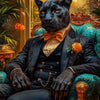 A striking portrait of a black cat with yellow eyes sitting in an ornate chair, surrounded by lush greenery and warm lighting