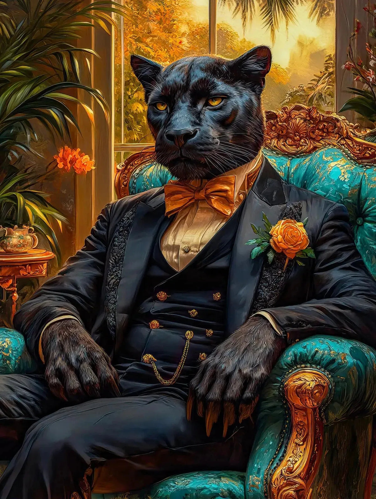 A striking portrait of a black cat with yellow eyes sitting in an ornate chair, surrounded by lush greenery and warm lighting