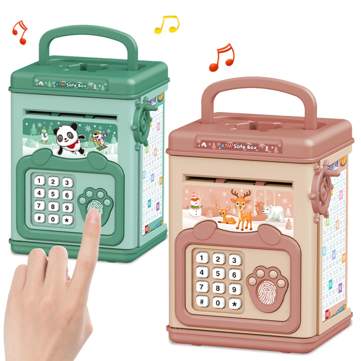 A green electronic ATM piggy bank with a paw print design and a pink version of the same product.