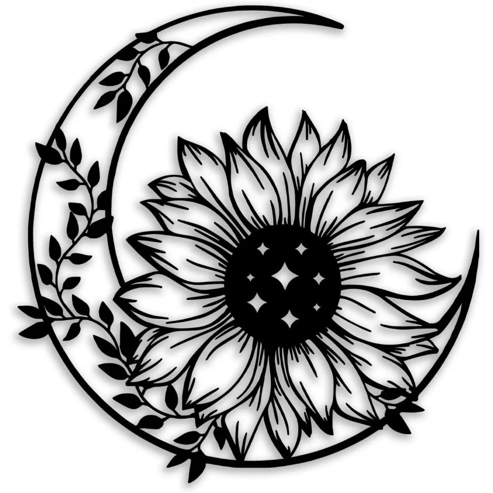 Silhouette noire de tournesol à l'intérieur d'une lune en croissant