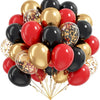 A cluster of glossy red, gold, and black balloons with glitter confetti for celebrations.