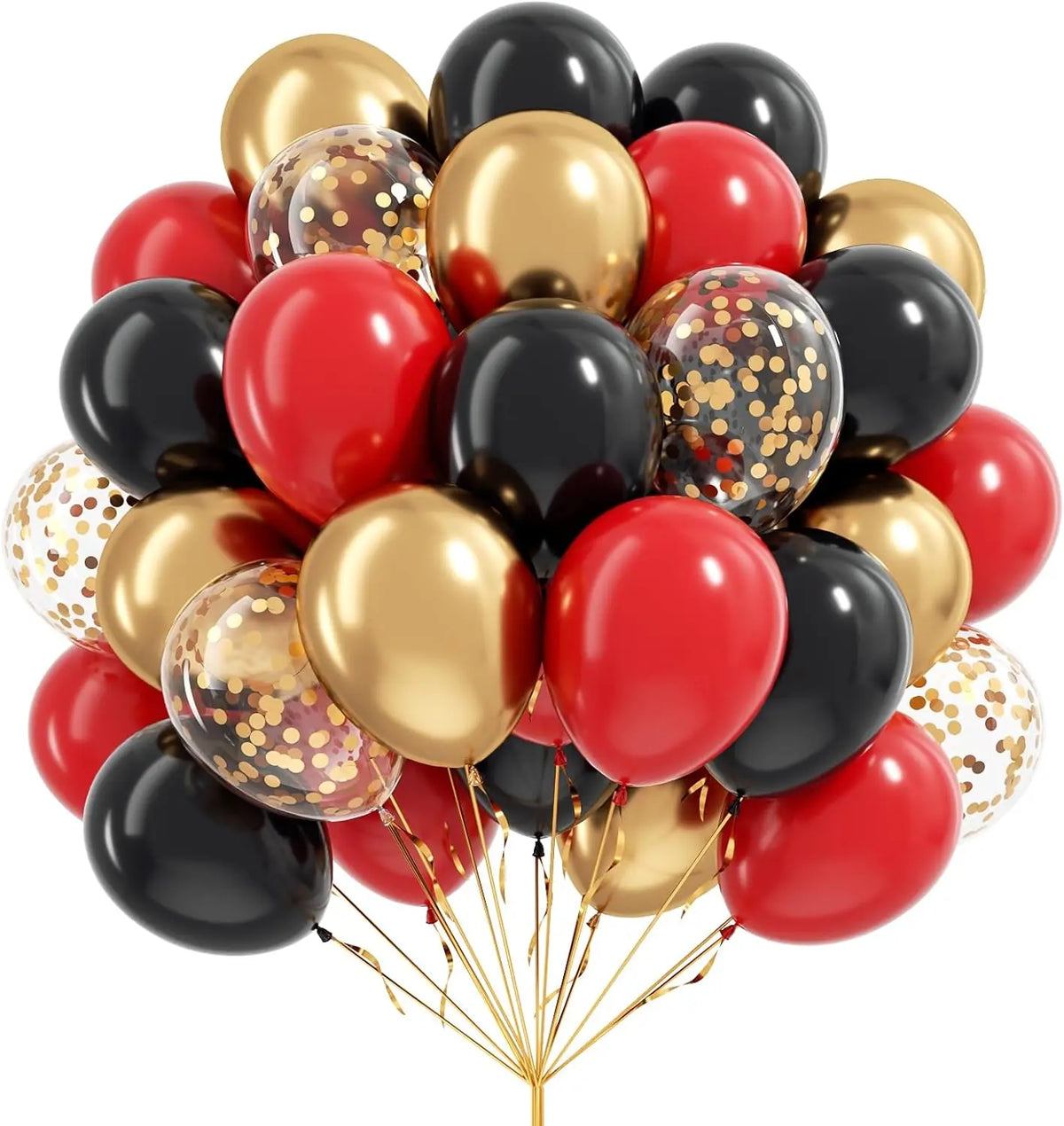 A cluster of glossy red, gold, and black balloons with glitter confetti for celebrations.