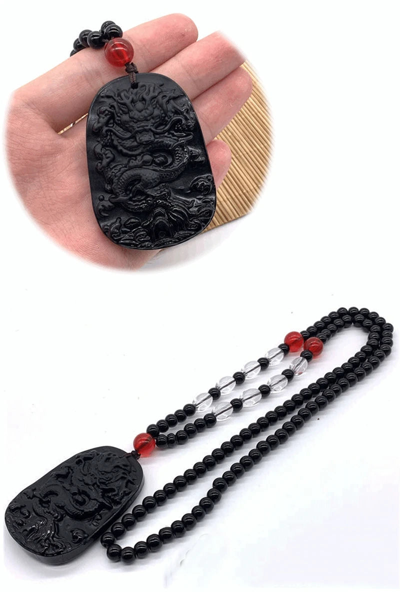 Amitabha Buddha Carved Obsidian Pendant Necklace