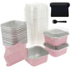 A set of reusable aluminum foil baking cups with lids and spoons in pink, silver, and black.