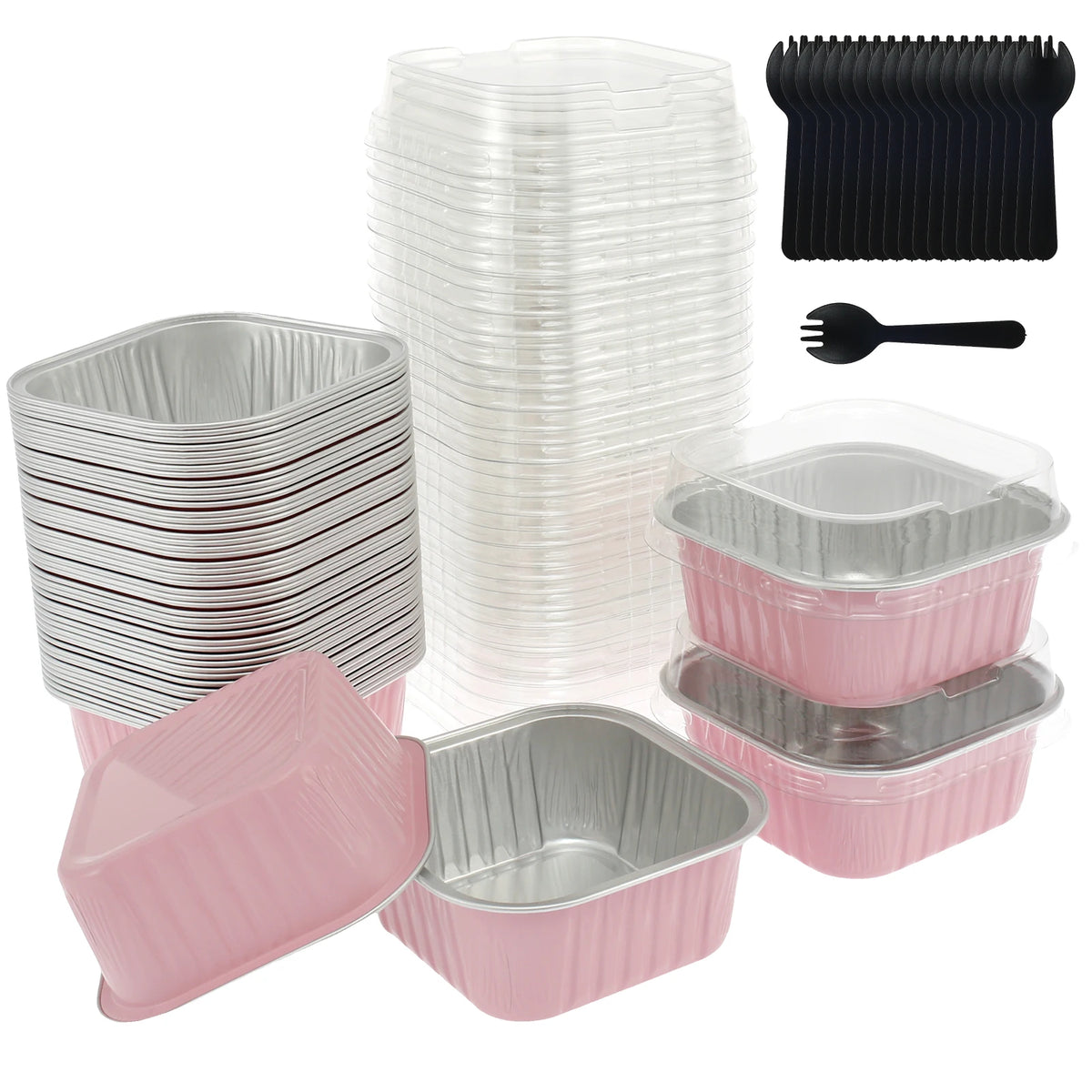 A set of reusable aluminum foil baking cups with lids and spoons in pink, silver, and black.
