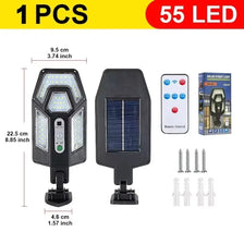 A black solar-powered motion sensor LED security light with a remote control and multiple light heads.