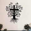 Black silhouette wall decor featuring a cross with intricate roots and surrounding leafy branches.