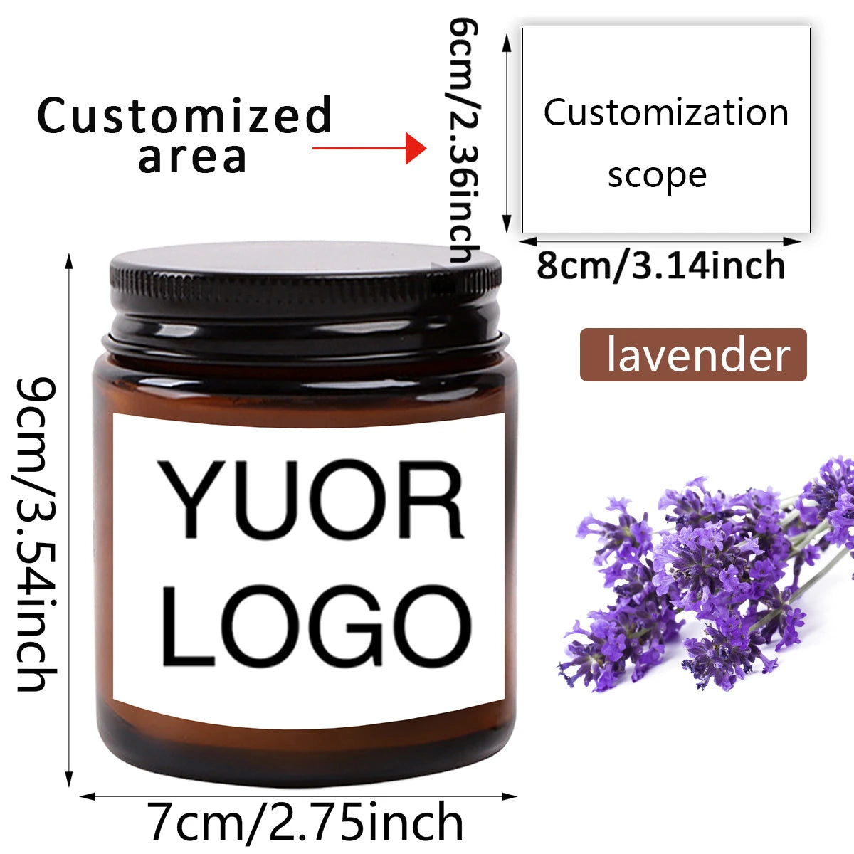 A dark glass jar of lavender scented soy wax candle with a custom logo label and a customization scope diagram.
