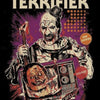 A dark, gritty movie poster featuring a menacing figure titled TERRIFIER with a skull and torch.