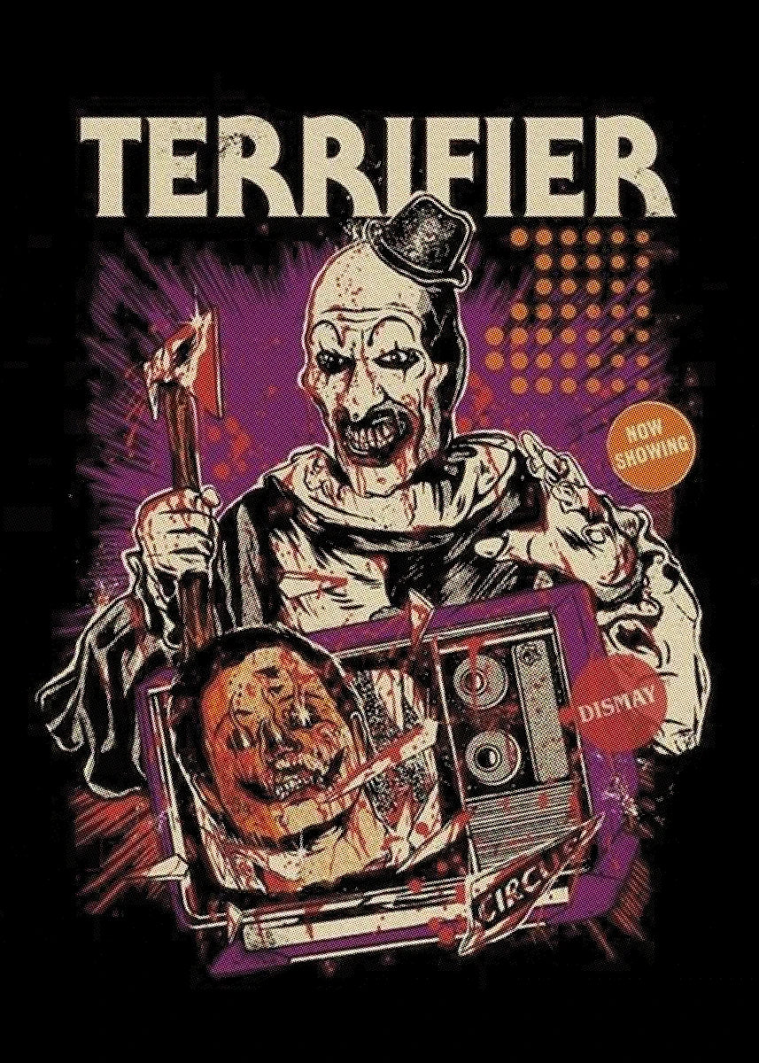 A dark, gritty movie poster featuring a menacing figure titled TERRIFIER with a skull and torch.