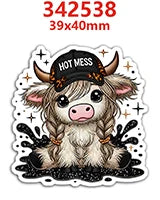 A cute, fluffy cow with horns wearing a black hat and gold accents.