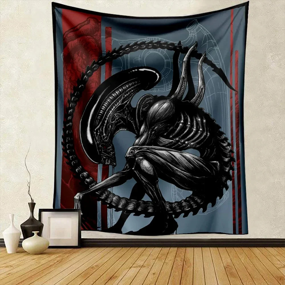 A dark, stylized illustration of an alien predator with sharp features and a menacing silhouette on a fabric tapestry.