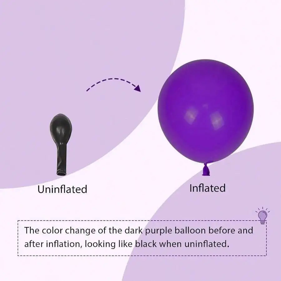 Comparison showing a dark purple latex balloon before and after inflation, with the uninflated version appearing black.