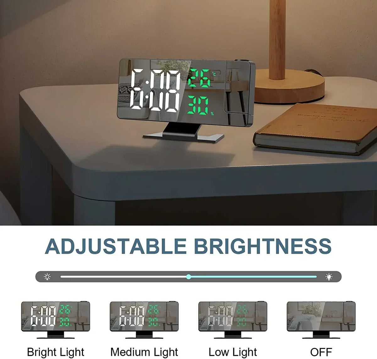An LED digital projection alarm clock displaying the time and temperature, with options for adjustable brightness.