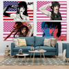 A tapestry wall hanging featuring multiple panels of Chainsaw Man Yoru anime art with patriotic themes.