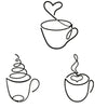 A line art drawing showing three different designs of a teacup with steam rising from it.