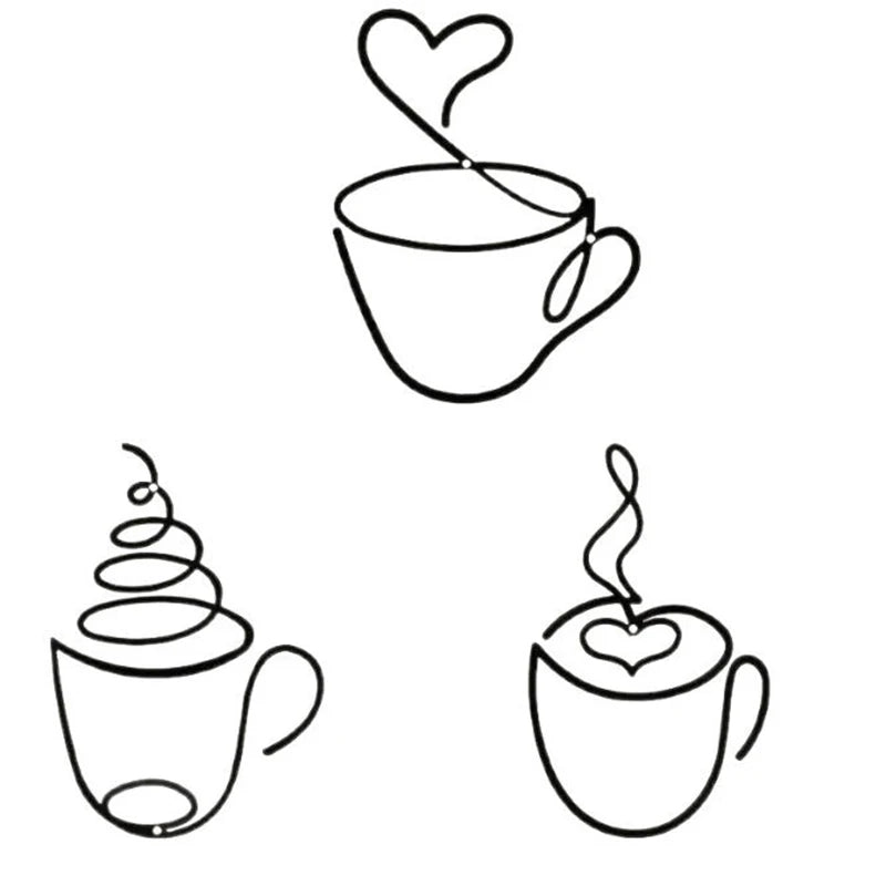 A line art drawing showing three different designs of a teacup with steam rising from it.