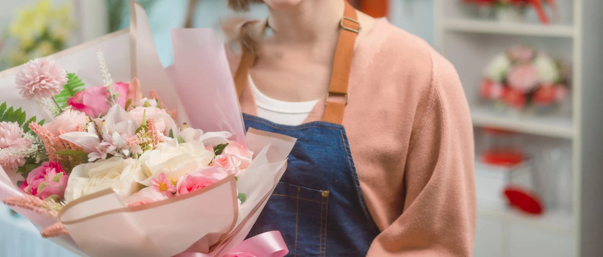 A person is holding a pink flower arrangement wrapped in decorative paper.