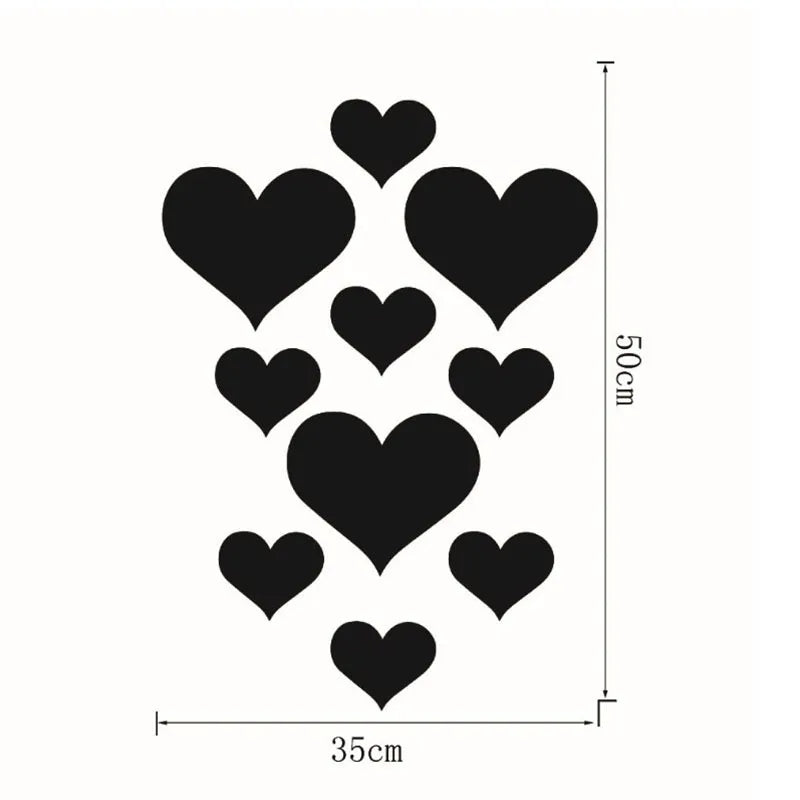 A set of black heart-shaped 3D acrylic mirror wall stickers arranged in a cluster.